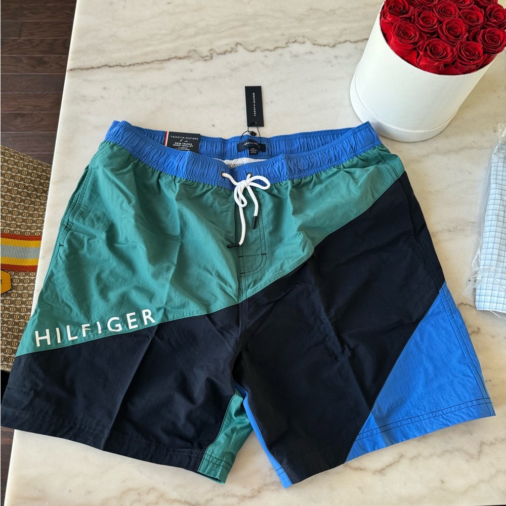 NWT Tommy Hilfiger Men's Big & Tall Flag Swim Trunk Dark Sky Trqs